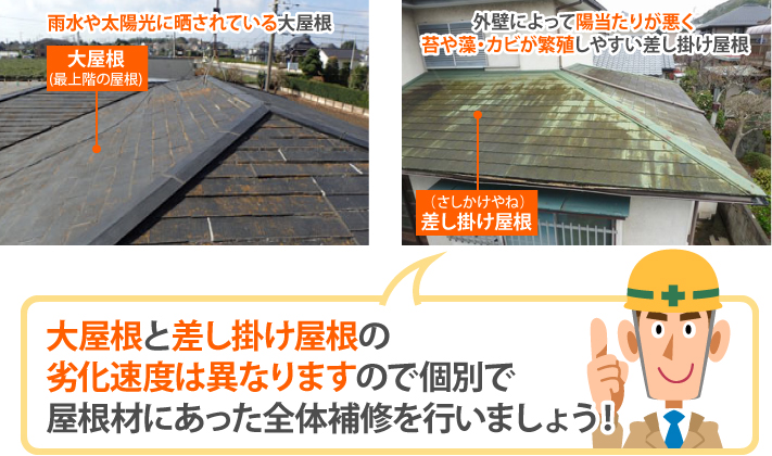 大屋根と差し掛け屋根の劣化速度は異なりますので個別で屋根材にあった全体補修を行いましょう