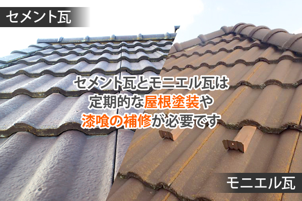セメント瓦とモニエル瓦は定期的な屋根塗装や漆喰の補修が必要です