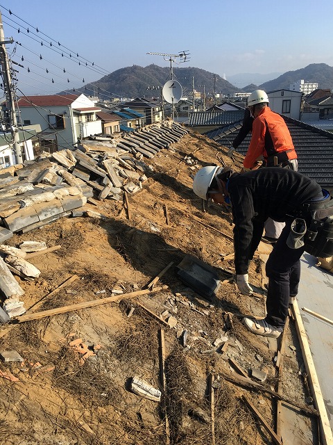 屋根下の土と松葉