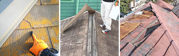 ひびが走っているスレート屋根や、棟板金が大きく捲れ剥き出しになった下地、屋根材が部分的に崩落して下地の木材が目視できるなど様々な劣化症状を起こしている画像